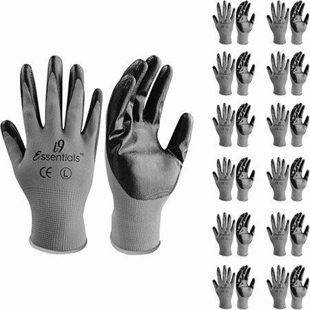 I9 ESSENTIALS Polyester & Nitrile Safety Work Gloves Seamless Polyester - Grey&Black - Size L, 12PK 100013